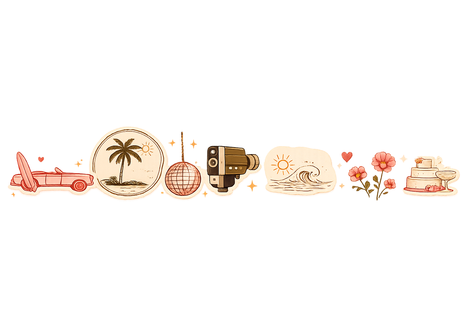 California wedding illustration with palm trees, vintage camera, waves, and flowers